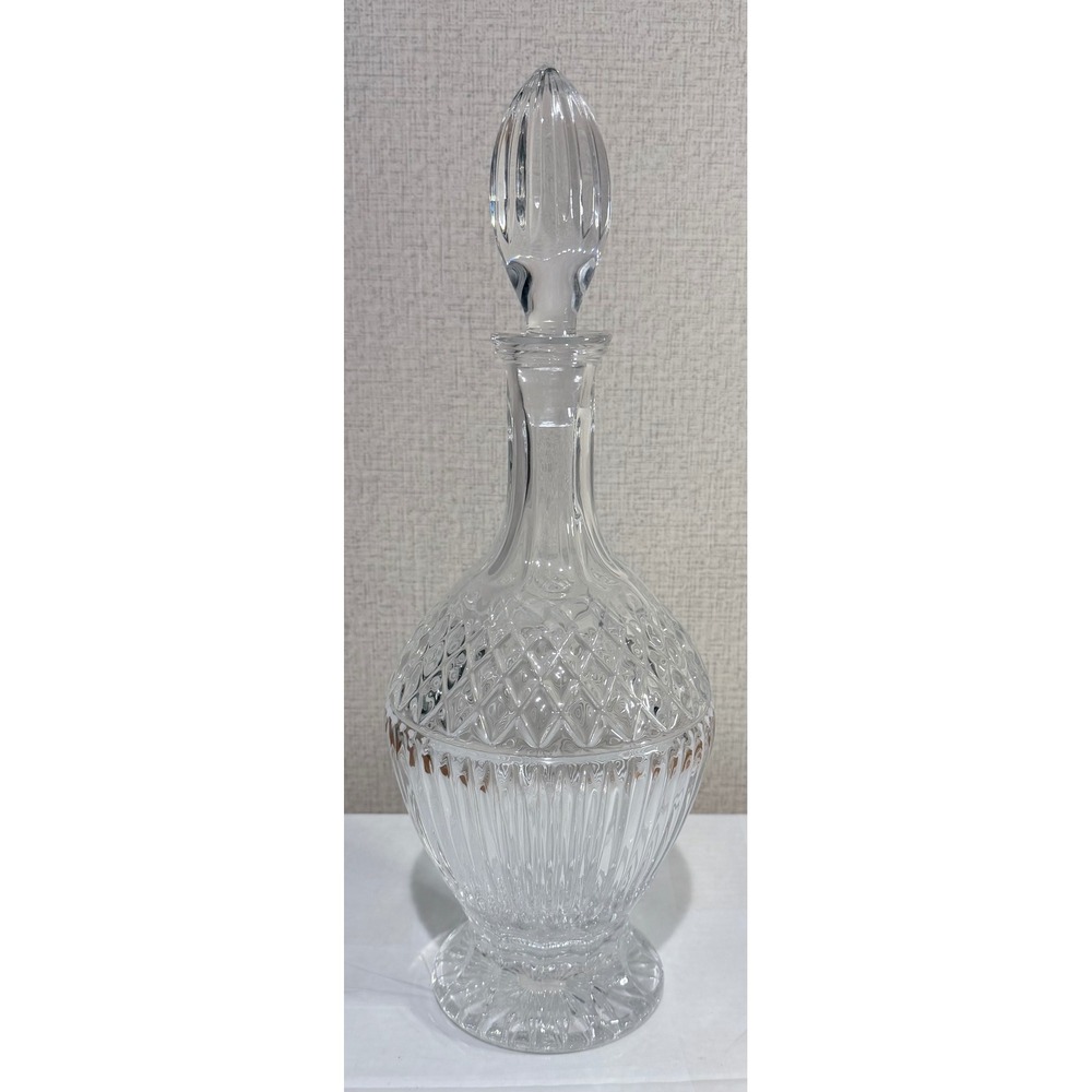 Vintage Lead Crystal Decanter with Teardrop Stopper Diamond Wedge Cut 15 inch